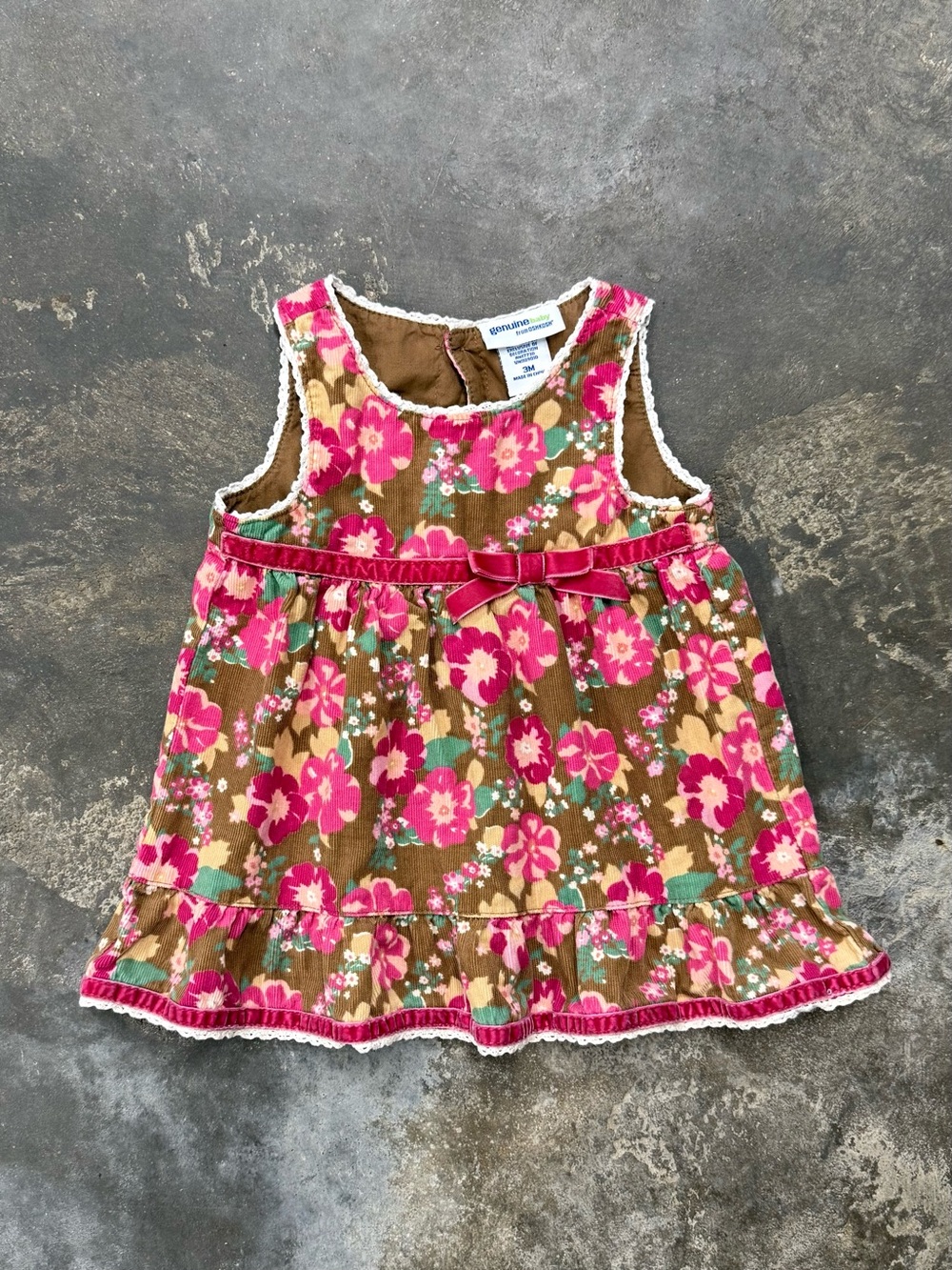 Vintage OshKosh Baby Floral Corduroy Dress 3M Pink Velvet Bow